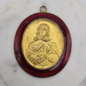 Vintage Gold and Red Oval Religious Pendant